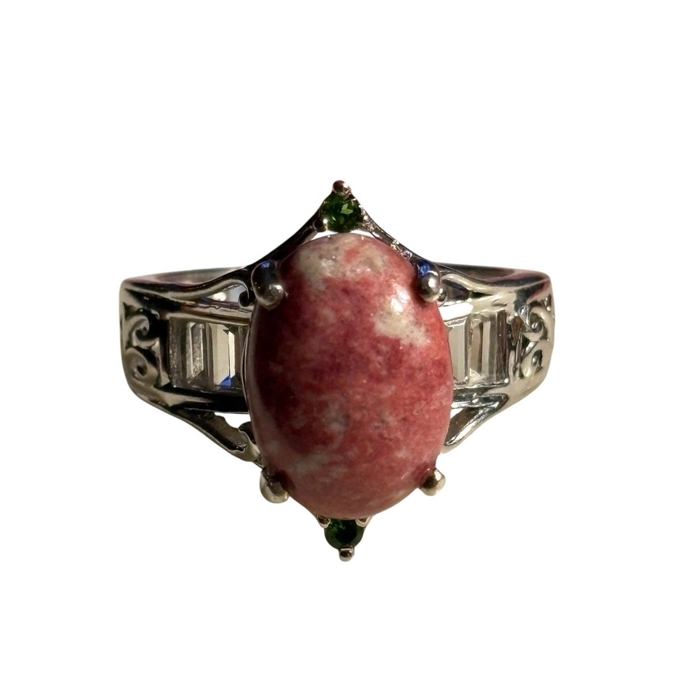 Pink Rhodonite‎ Ring Peridot 925 Sterling Silver Size 8.75 Signed STS Baguette